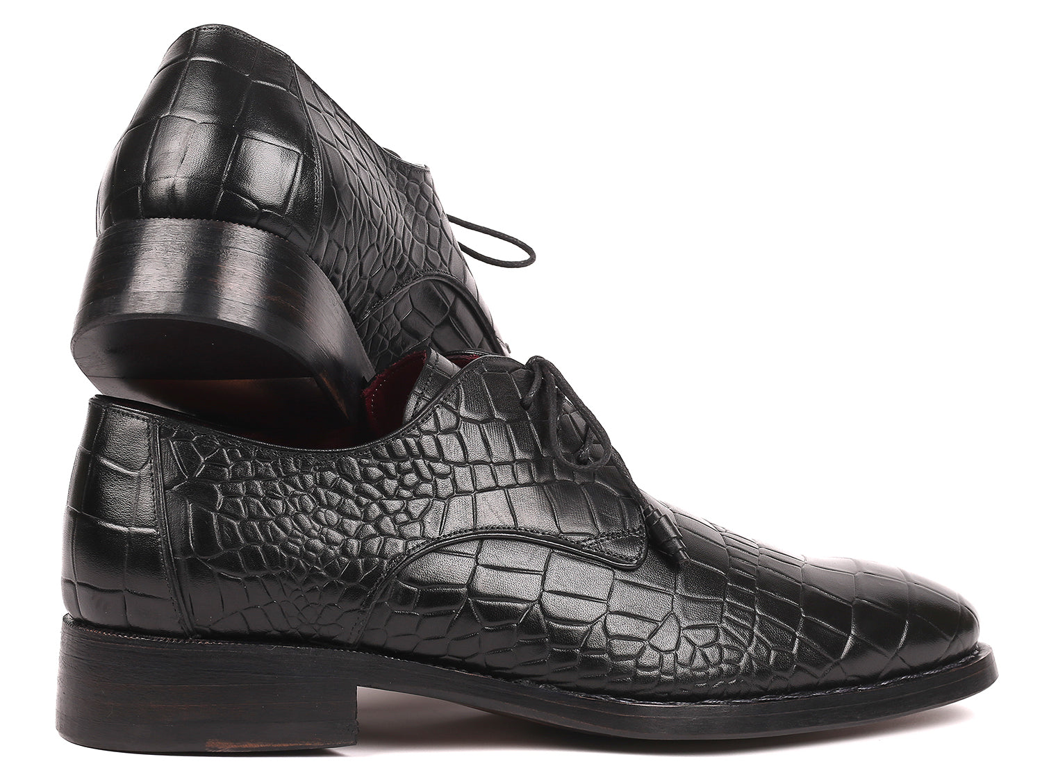 Paul Parkman Black Crocodile Embossed Calfskin Derby shoes showcasing luxurious hand-painted finish and Goodyear welted construction.